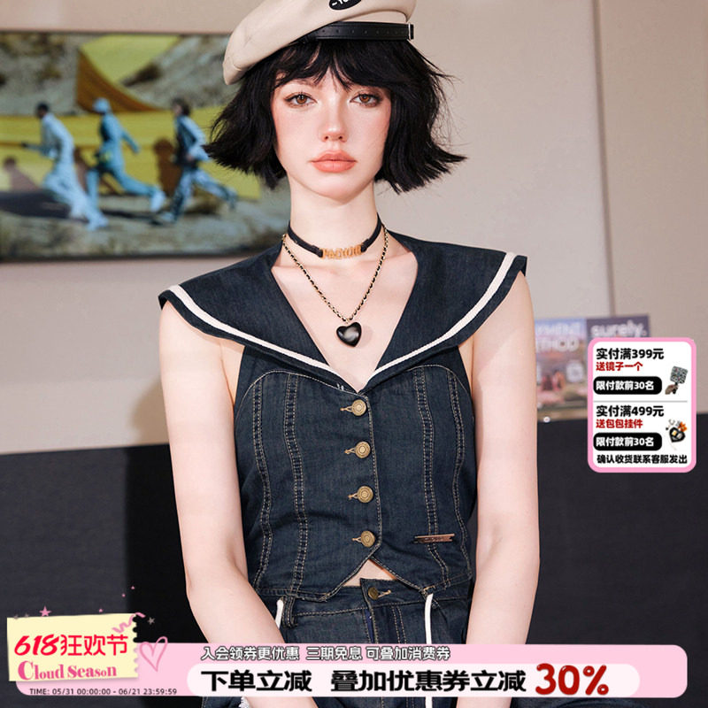 CLOUDSEASON海军领牛仔马甲2026新款女式无袖夏季薄款小个子短款