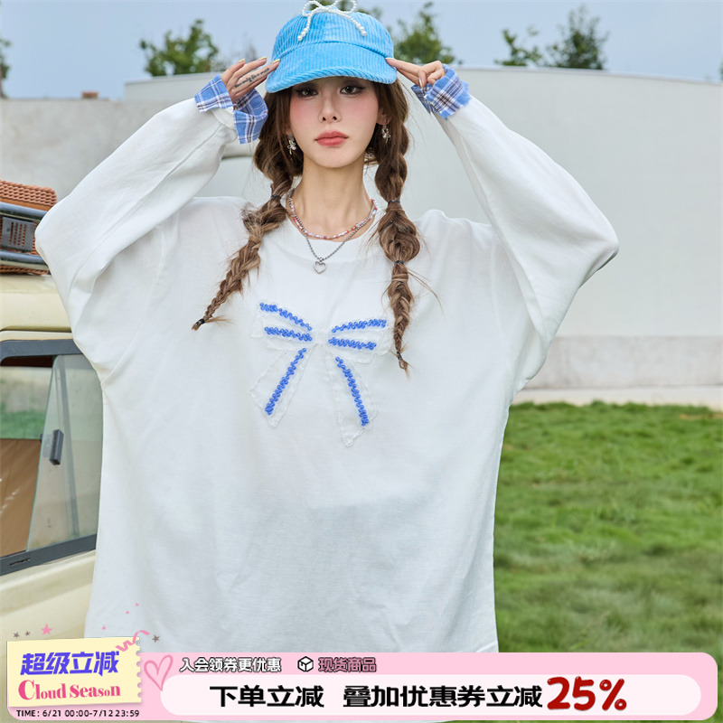 CLOUDSEASON串珠蝴蝶结T恤  早秋新款长袖上衣女修身设计感小众女