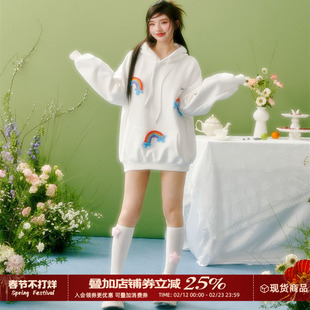 Cloud season彩虹连帽卫衣上衣休闲印花2026冬季新款卫衣白色百搭