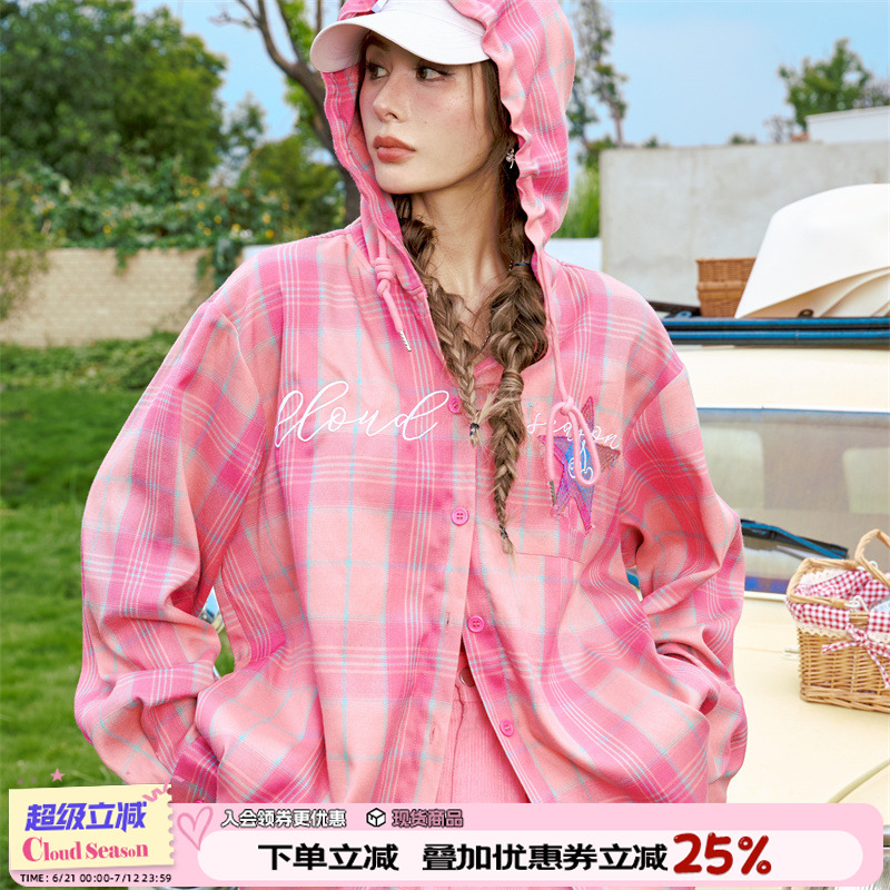 CLOUDSEASON花样甜心格子上衣衬衫女2025初秋上衣小个子长袖外套