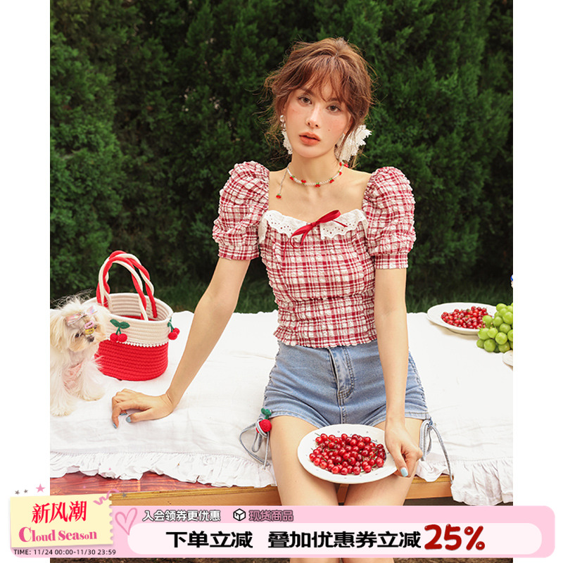 CLOUDSEASON复古红格上衣法式别致设计感夏季露肩短款泡泡袖半袖