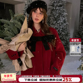 CLOUDSEASON蝴蝶结长款 红色外套气质羊毛大衣女春秋100%羊毛外套