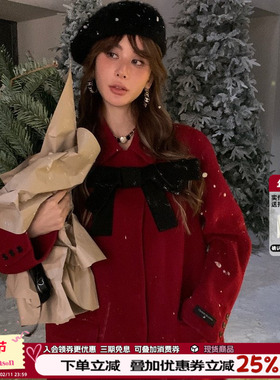 CLOUDSEASON蝴蝶结长款红色外套气质羊毛大衣女春秋100%羊毛外套