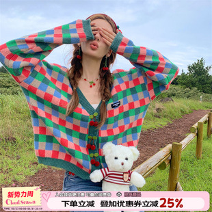 CLOUDSEASON格子复古v领开衫 甜美通勤百搭气质上衣 针织外套女新款