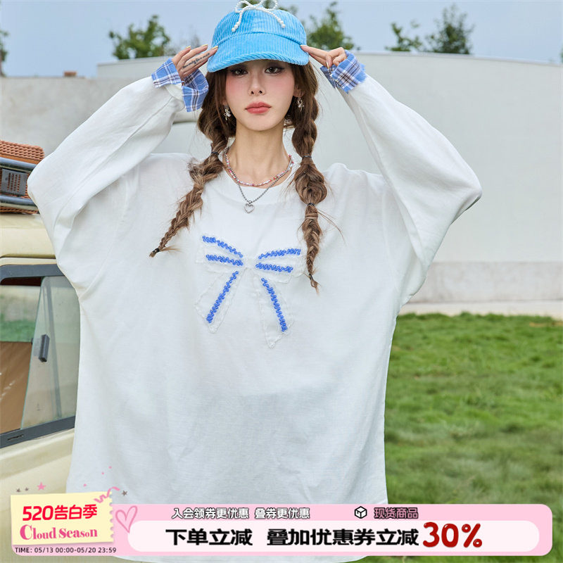 CLOUDSEASON串珠蝴蝶结T恤  早春新款长袖上衣女修身设计感小众女