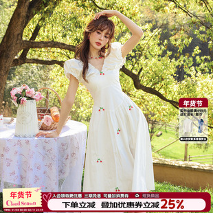 CLOUDSEASON樱桃v领连衣裙法式白色小个子气质显瘦泡泡袖长款裙子