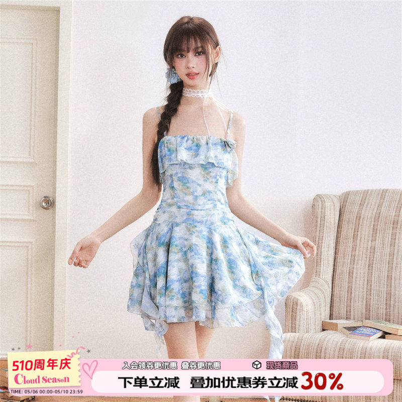 CLOUDSEASON油画风飘带吊带裙2026新款女夏季小个子高级感连衣裙