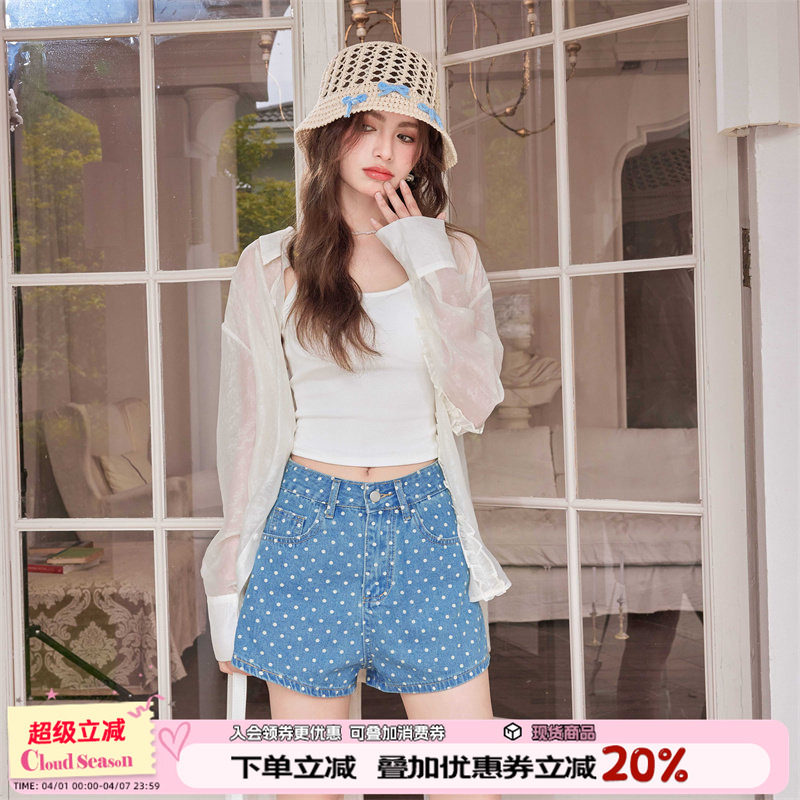 CLOUDSEASON圆点牛仔短裤2026夏季新款蓝色直筒裤休闲裤子女
