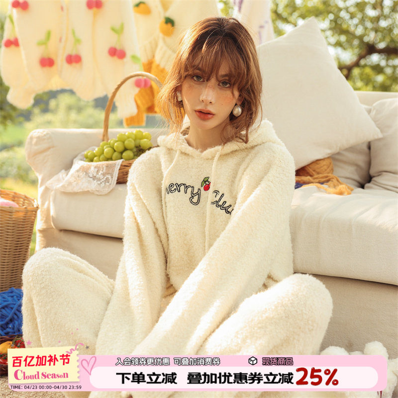 CLOUDSEASON刺绣毛绒上衣2026新款春季卫衣加绒连帽时尚百搭女款