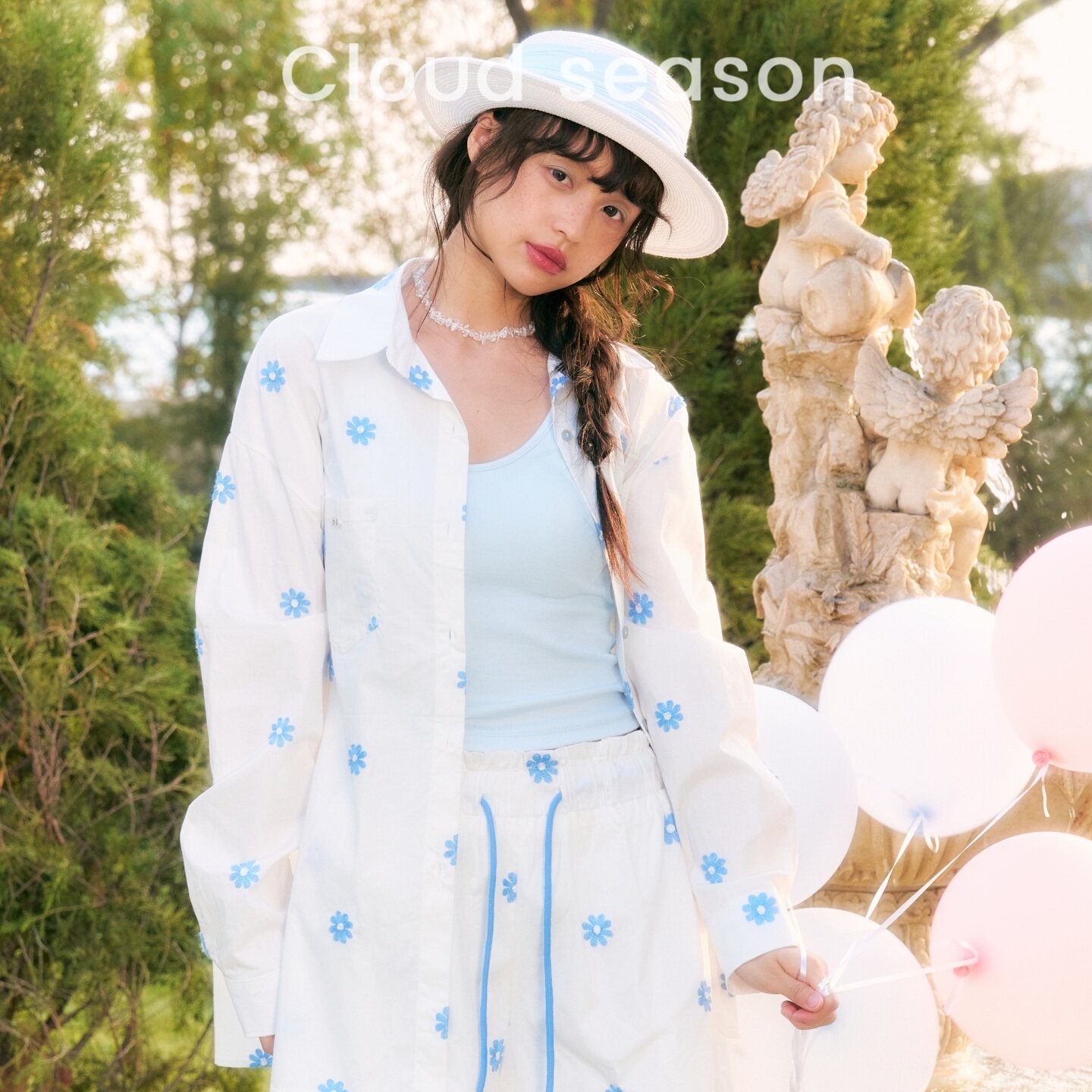 CLOUDSEASON蓝色雏菊白色上衣裤子两件套纯棉衬衣2026新款套装夏