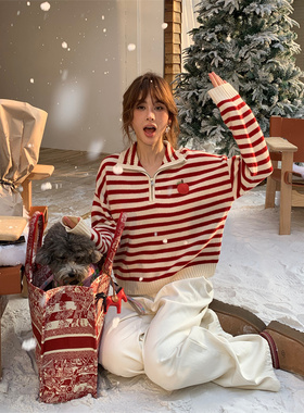 CLOUDSEASON红色条纹翻领羊毛毛衣春秋新款甜美小个子百搭上衣