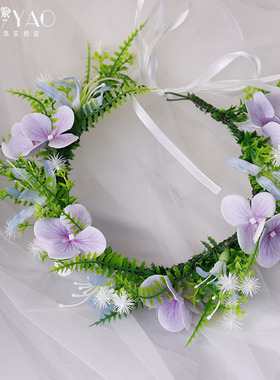 森系新款紫色蝴蝶兰花朵清新绿植藤蔓花环新娘户外旅拍照儿童花环