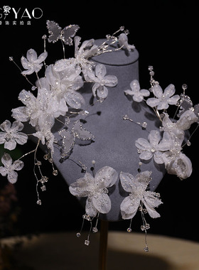 新款新娘头饰高级感水晶蝴蝶发夹唯美花朵手工侧边夹超仙婚纱发饰