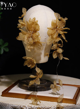 新款新娘头饰复古香槟色绢纱花朵流苏发夹婚礼晨袍晚礼服发饰配饰