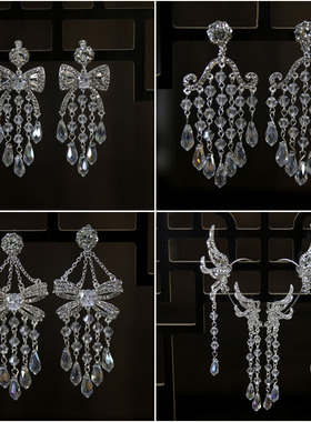 新款新娘耳环高级感闪亮锆石水水晶蝴蝶结耳饰结婚主婚纱耳坠耳饰