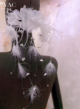 新品灵动白色羽毛娟纱花朵新娘头饰仙气流苏旅拍后区盘发婚纱配饰