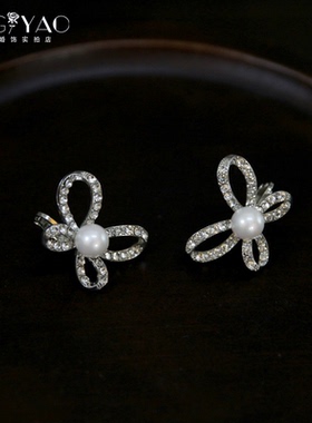 新款新娘耳环高级感闪亮水钻珍珠蝴蝶结耳饰结婚婚纱跟妆宴会配饰