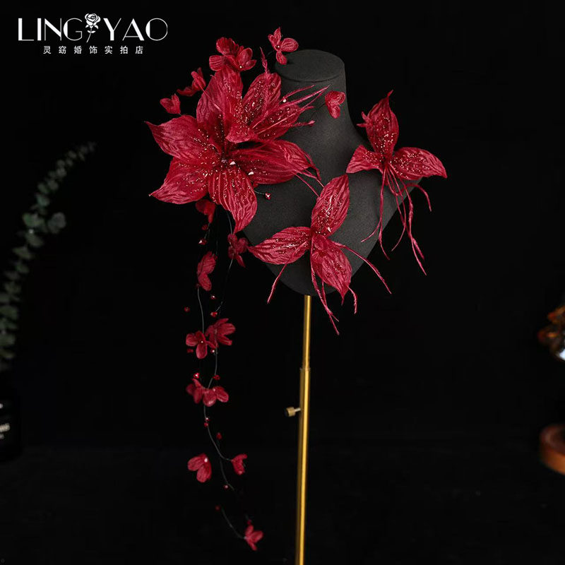 2026新品超仙高级感红色娟纱闪亮花朵头饰影楼跟妆写真敬酒服发饰,饰品/流行首饰/时尚饰品新,发饰,淘宝优惠券,粉丝福利购,淘宝优惠卷