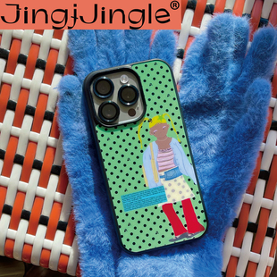 官方JingjJingle继续亮晶晶 原创手绘《黑皮麻花辫波点女孩》黑框亚克力光面带保护膜TPU防摔苹果手机壳ins风