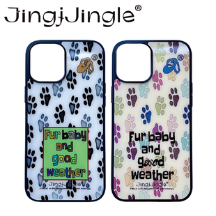 官方JingjJingle继续亮晶晶 原创《毛孩子和好天气》小狗爪印全包黑框光面TPU苹果手机壳ins可爱撞色脚印图案