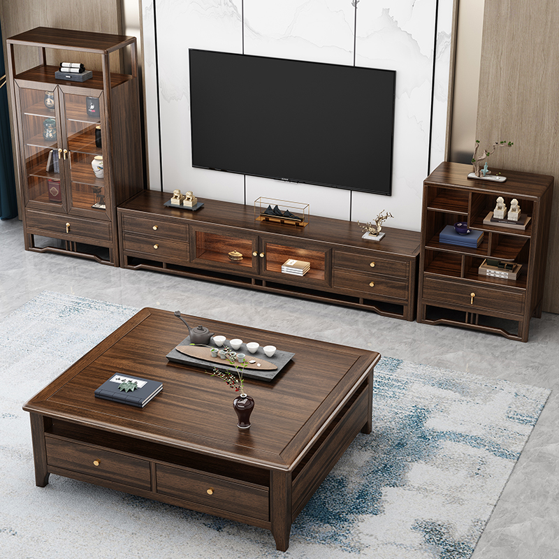 新中式乌金木岩板茶几电视柜简约现代实木边柜中柜组合客厅家具