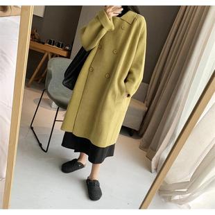 宽松女 中长款 复古秋冬新款 翻领双排扣珍珠绒毛衣外套大衣针织开衫