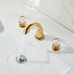 全铜水龙头金色面盆龙头三孔台盆龙头高级感水晶把手