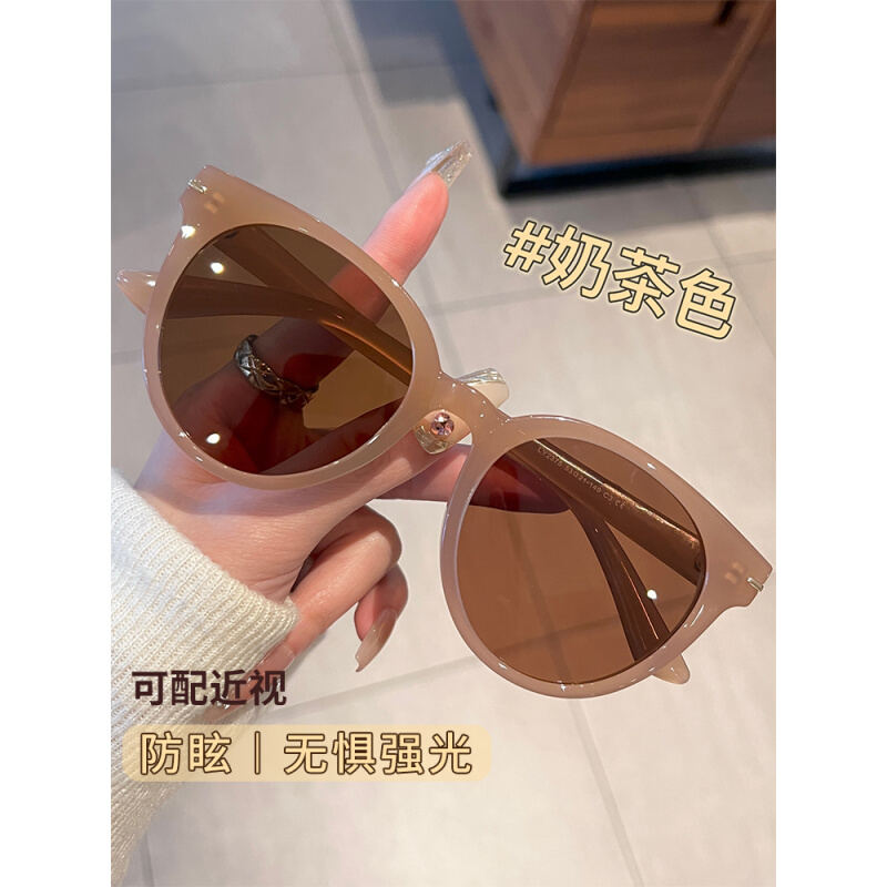 韩系奶茶色圆框偏光墨q镜女可配近视防紫外线太眼镜遮开车眼镜