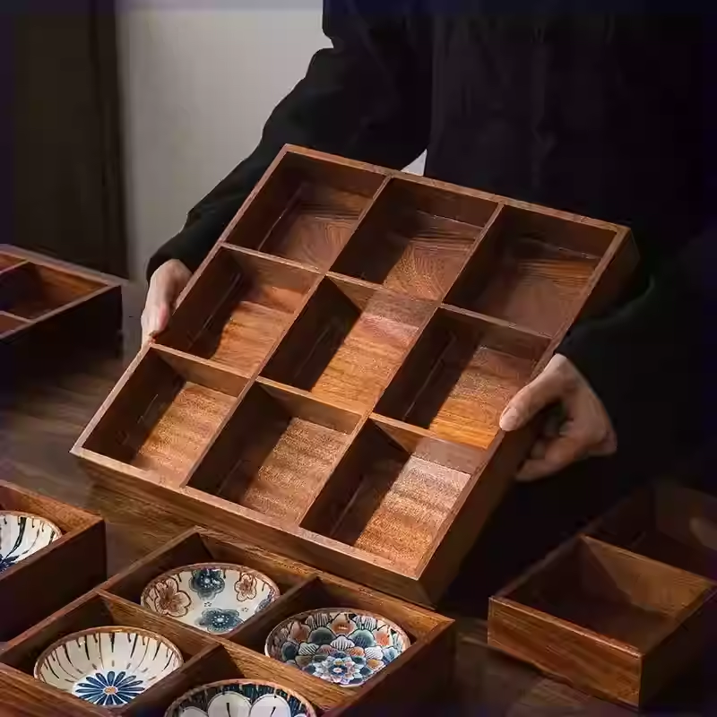 复古色九宫格家用木质托盘四宫格
