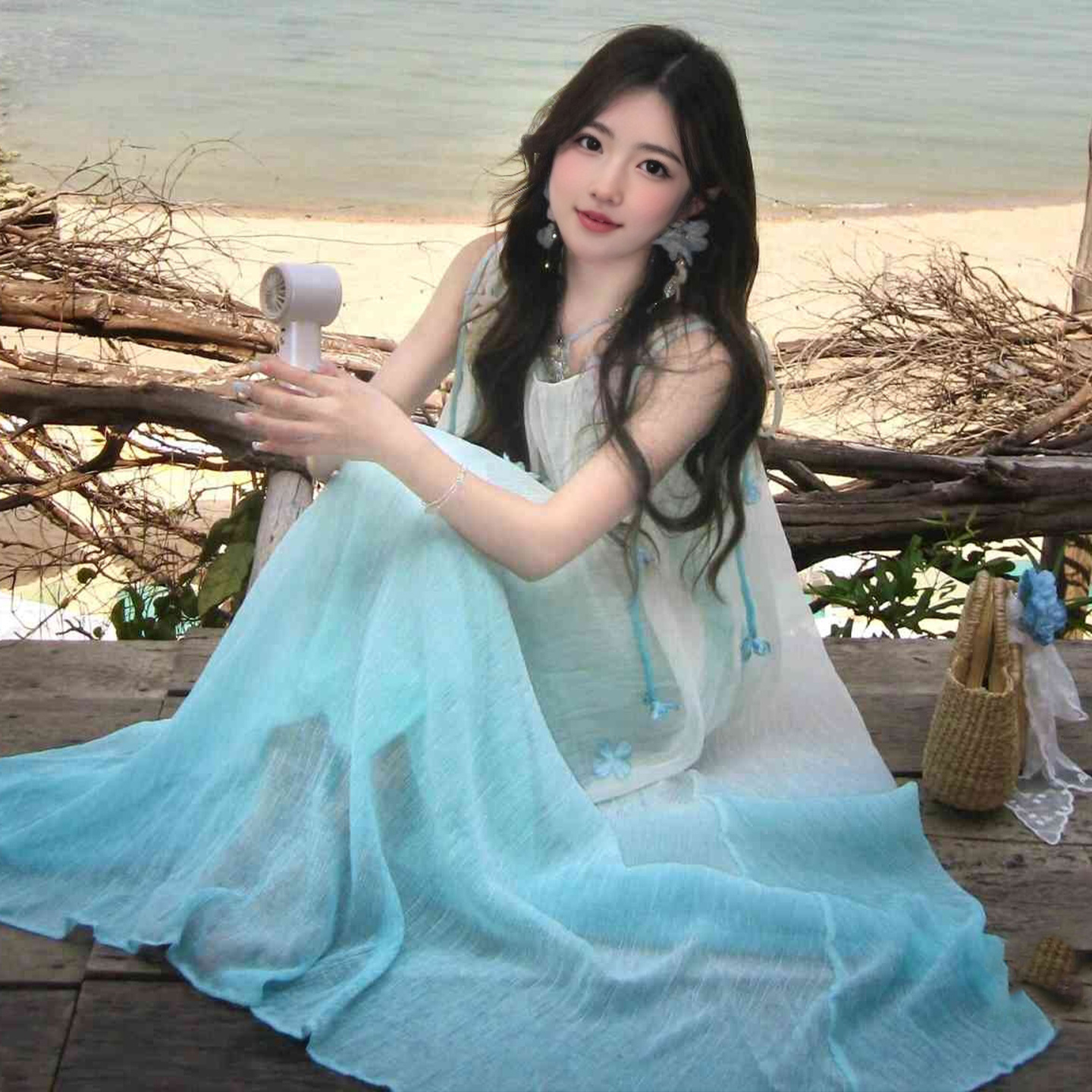 海边度假超好看绝美蓝色渐变吊带连衣裙漂亮独特宽松气质沙滩裙夏