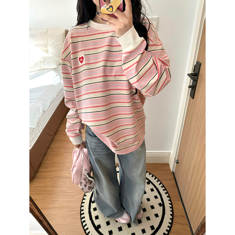 美式复古圆领卫衣女秋季新款粉色条纹长袖t恤打底衫宽松套头上衣