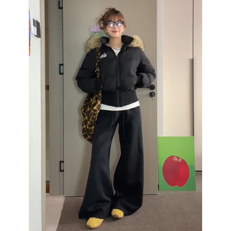 黑色毛领连帽棉服女冬季小个子保暖面包服宽松收腰短款棉袄外套潮