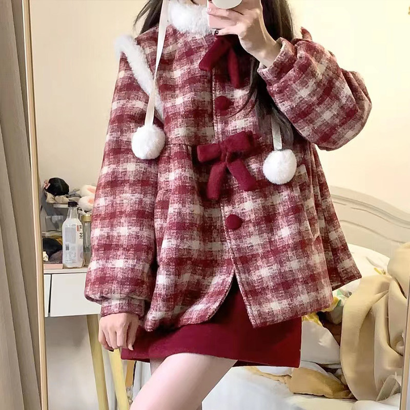 新年战袍红色格纹毛呢外套女2025秋冬甜美可爱短款半身裙两件套