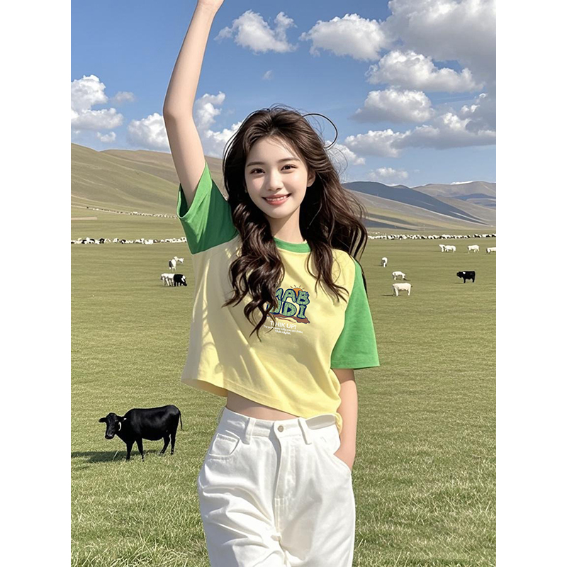高级感黄绿色正肩T恤女纯棉短袖