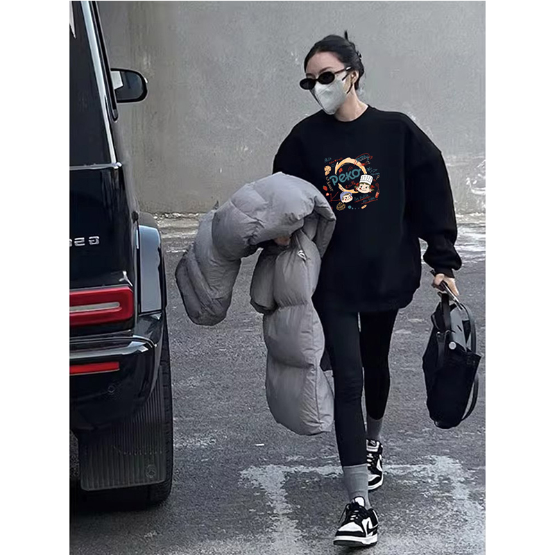 学院风宽松中长款卫衣女设计感印花加绒长袖上衣百搭加厚秋冬外套