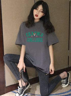 铁灰色纯棉短袖t恤女宽松韩版ins潮2022年夏季新款半袖上衣ins潮