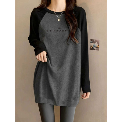 插肩长袖t恤女秋冬中长款遮屁股