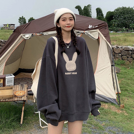 中长款卫衣女加绒圆领韩版秋冬新款小个子外套宽松慵懒风长袖上衣
