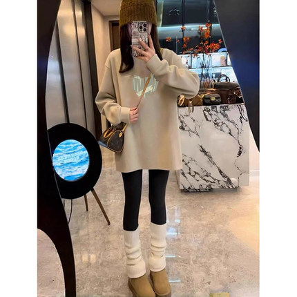 圆领加绒打底衫女春秋冬季磨毛内搭中长款遮屁股上衣加厚德绒T恤