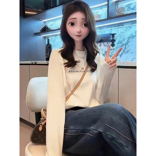 纯棉长袖T恤女春秋冬圆领内搭加厚款德绒打底衫洋气宽松显瘦上衣