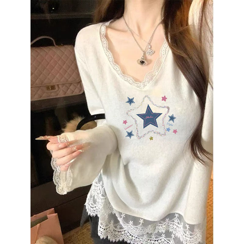 中长款V领打底衫女秋冬白色内搭叠穿蕾丝边长袖T恤宽松遮屁股上衣