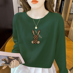 欧货短款卫衣女圆领加绒外套秋冬季高级感墨绿色宽松显瘦长袖上衣