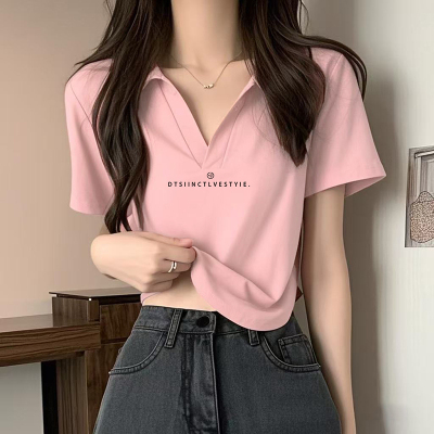正肩V领短袖女纯棉T恤夏季甜辣妹