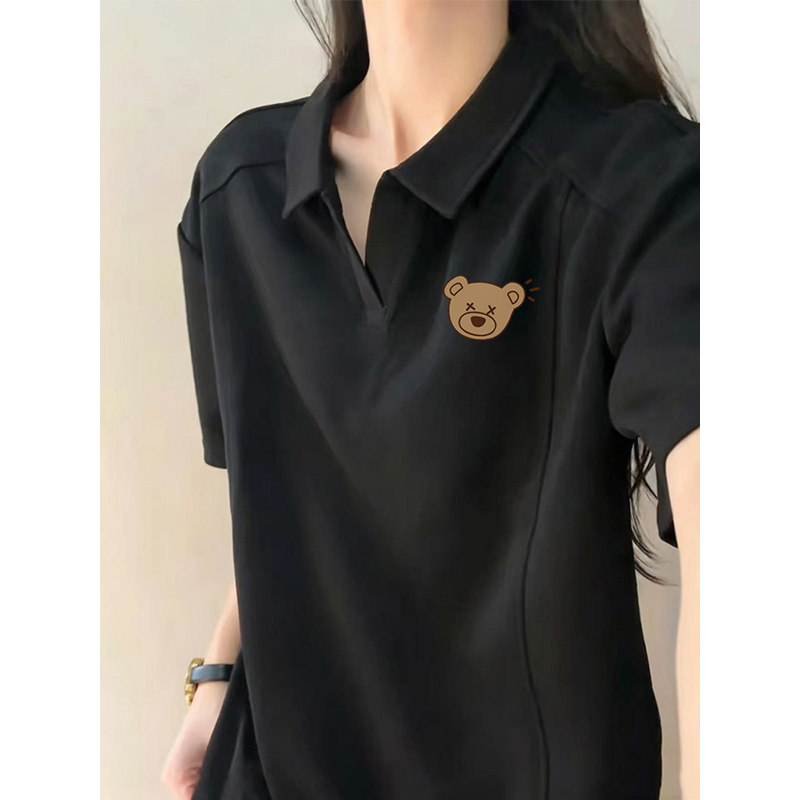 设计感小众Polo领短袖T恤女夏季大码胖mm遮肉宽松显瘦上衣打底衫
