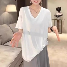 纯棉短袖T恤女夏松弛感慵懒风宽松大V领口纯白色中长款遮屁股上衣