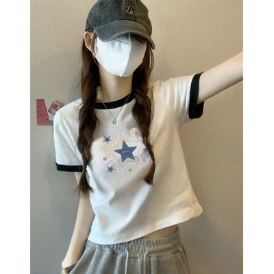 设计感撞色正肩短袖t恤女纯棉