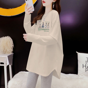 2024年新款中长款遮屁股打底衫高级感T恤杏色内搭配鲨鱼裤的上衣