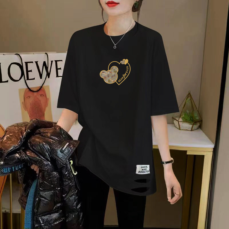 百搭大码打底衫女纯棉2023夏季新款宽松中长款圆领破洞短袖T恤潮
