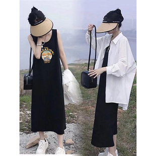 大码女装过膝长裙吊带连衣裙女夏季黑色显瘦宽松内搭中长款背心裙