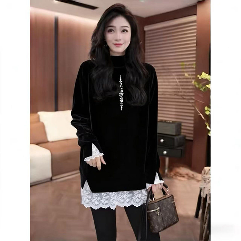 欧货半高领打底衫女黑色内搭秋冬中长款遮屁股上衣假两件长袖T恤